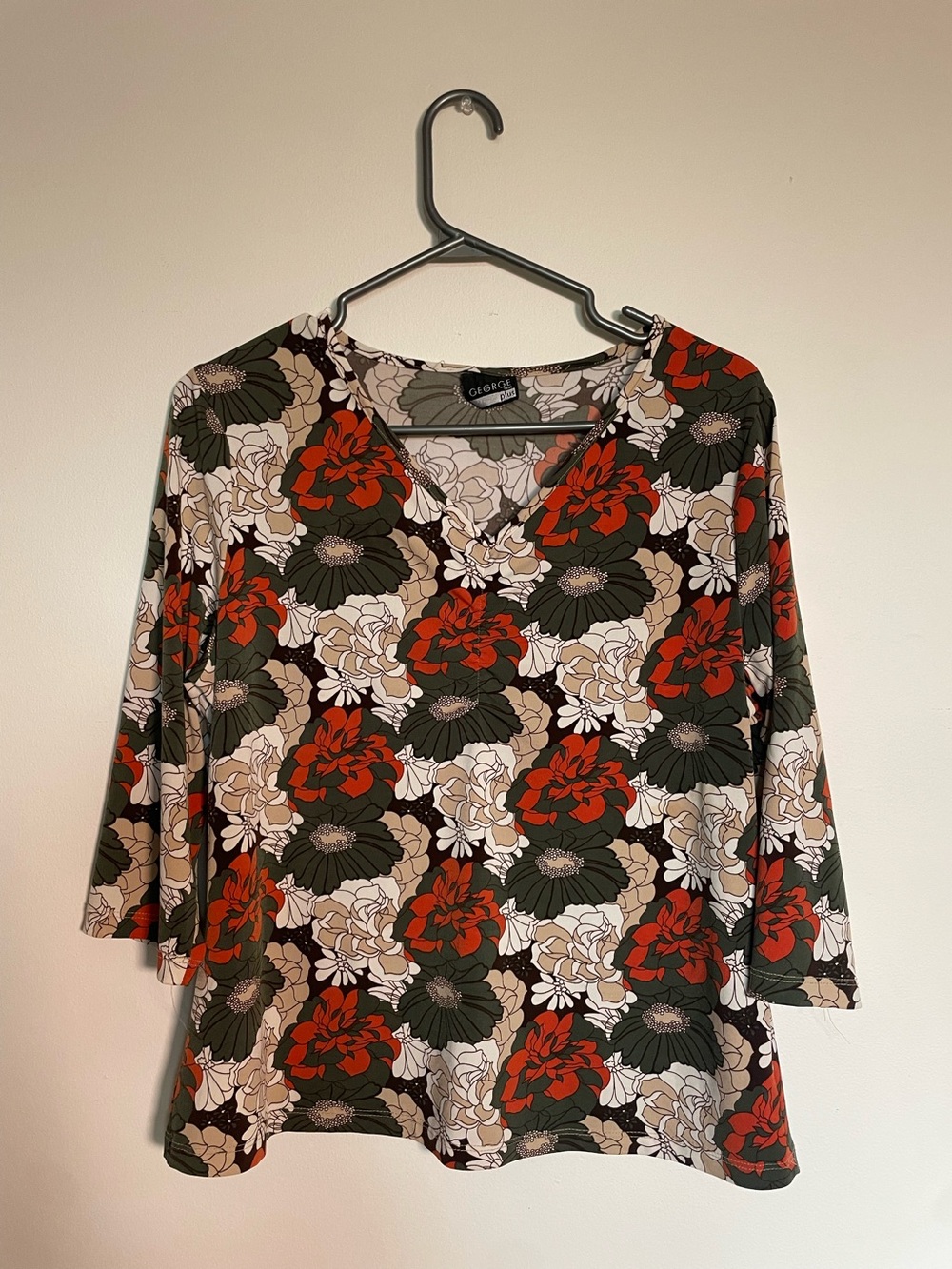 George Floral V-Neck Long Sleeve Top in Olive, Red & Cream